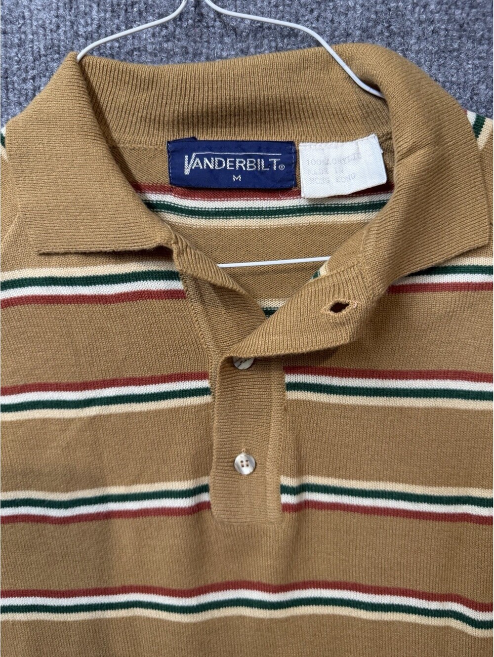 Vintage Vanderbilt Striped Knit Polo Sweater Men's Size M Tan Green Red